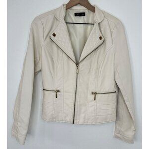 Baccini Faux Leather Moto Jacket Women Medium Cream Gold Zip Up Pockets